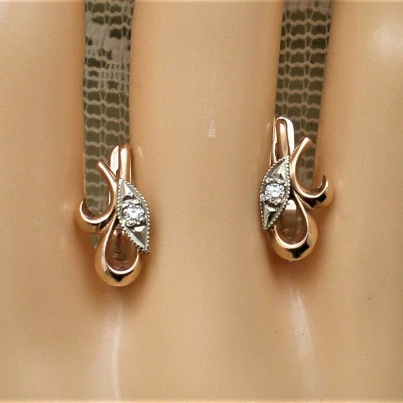 Vintage Soviet USSR Solid 14K 583 Rose Pink White Gold Diamond Pierced Earrings - Picture 2 of 6